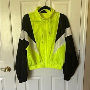 High-Visibility Neon Yellow Windbreaker Jacket with Black & White Panels